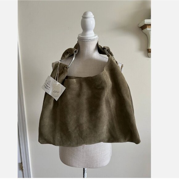 Free People NWT Bobbi Slouch Suede Leather Olive Green Tote - Picture 3 of 12